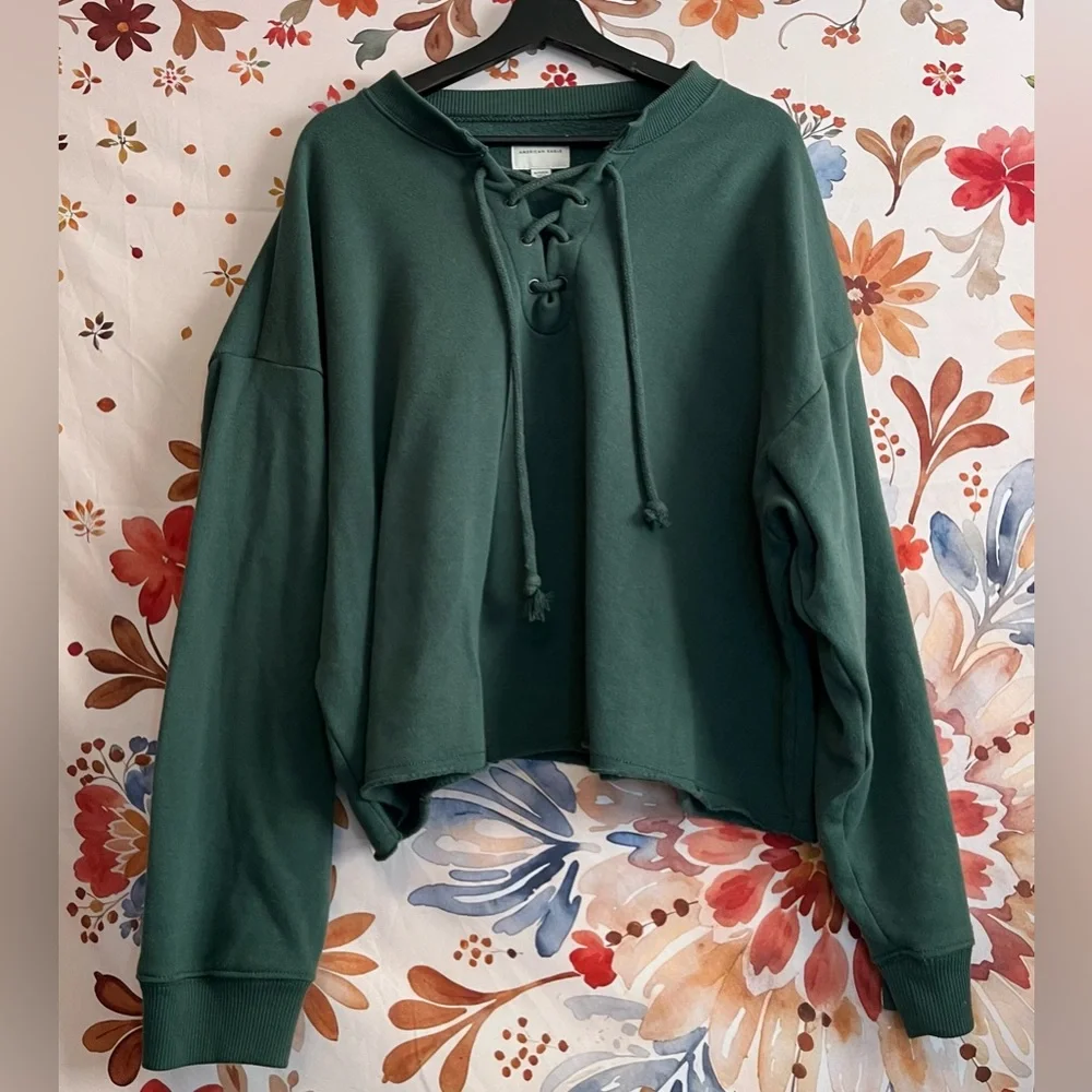 American Eagle Women XL Oversize Dark Hunter Green LaceUp Cozy Travel Sweatshirt - Picture 2 of 8